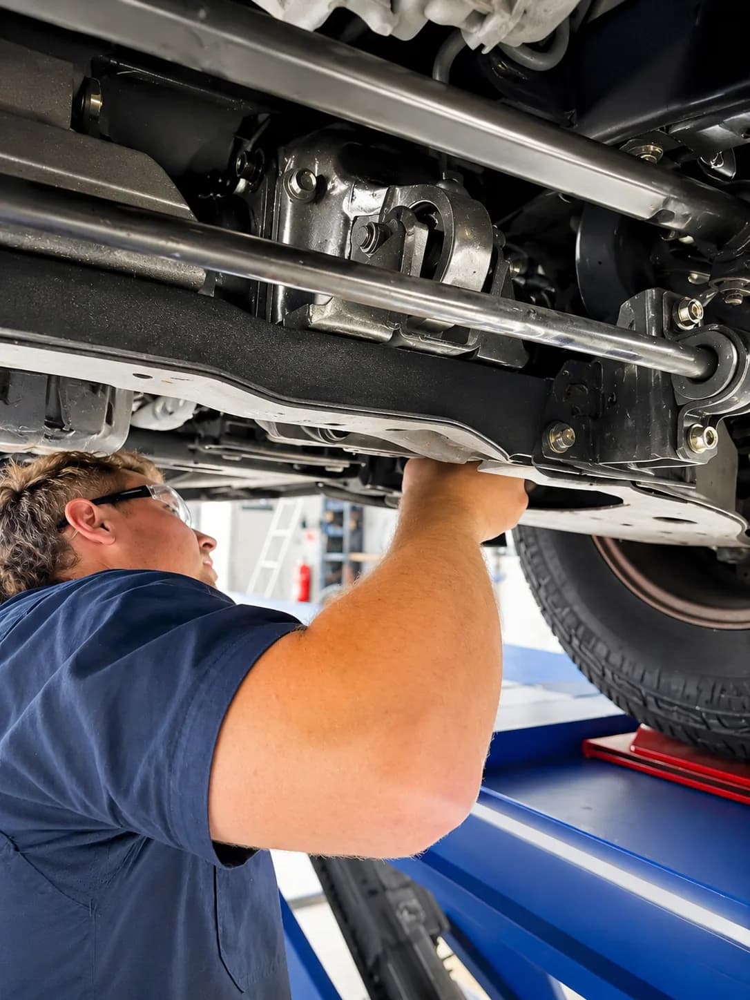 Underbody suspension inspection on a four wheel drive at the Landsborough workshop