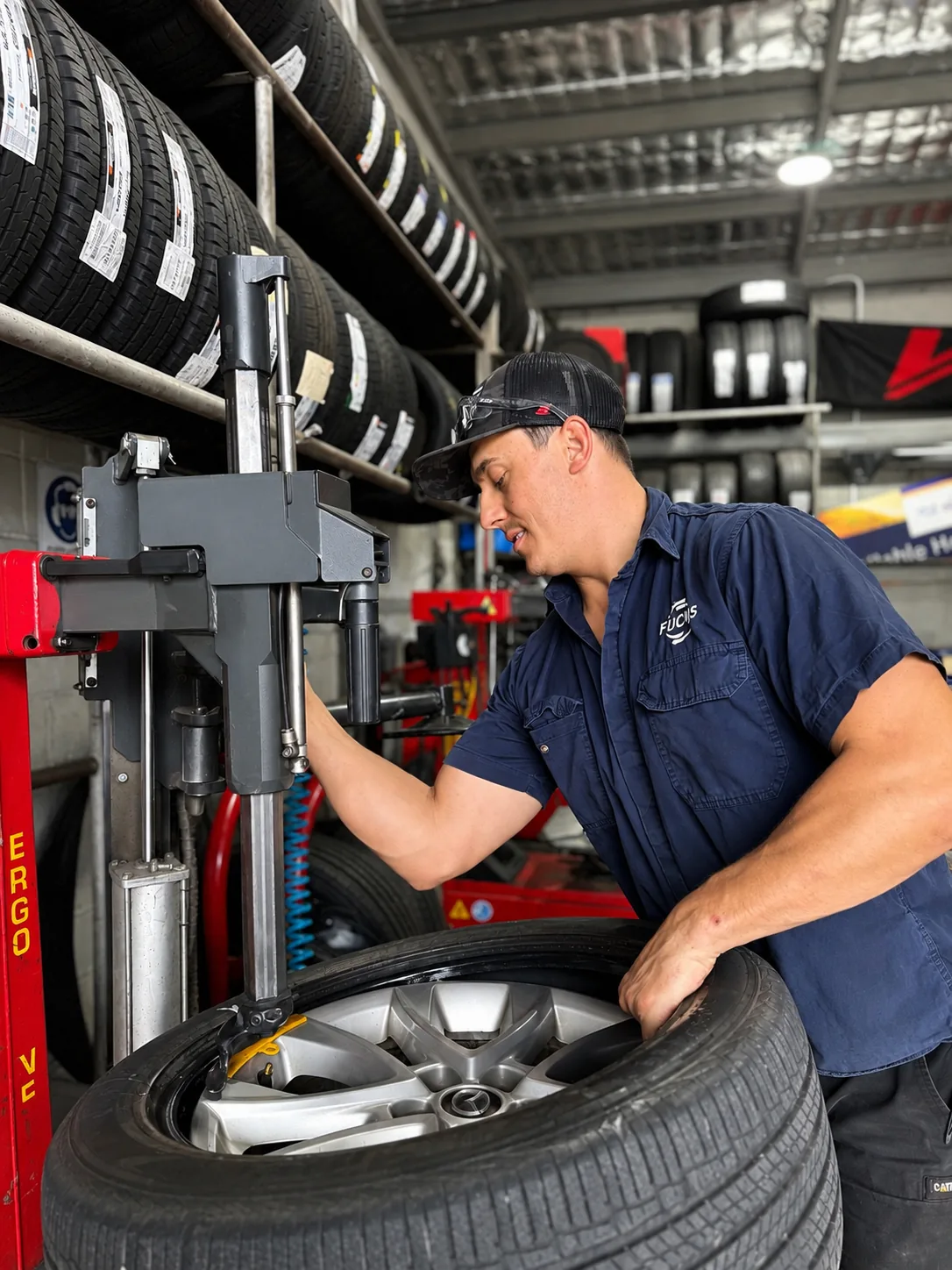 Landsborough Tyres mechanic fitting a new tyre to an alloy wheel in the workshop