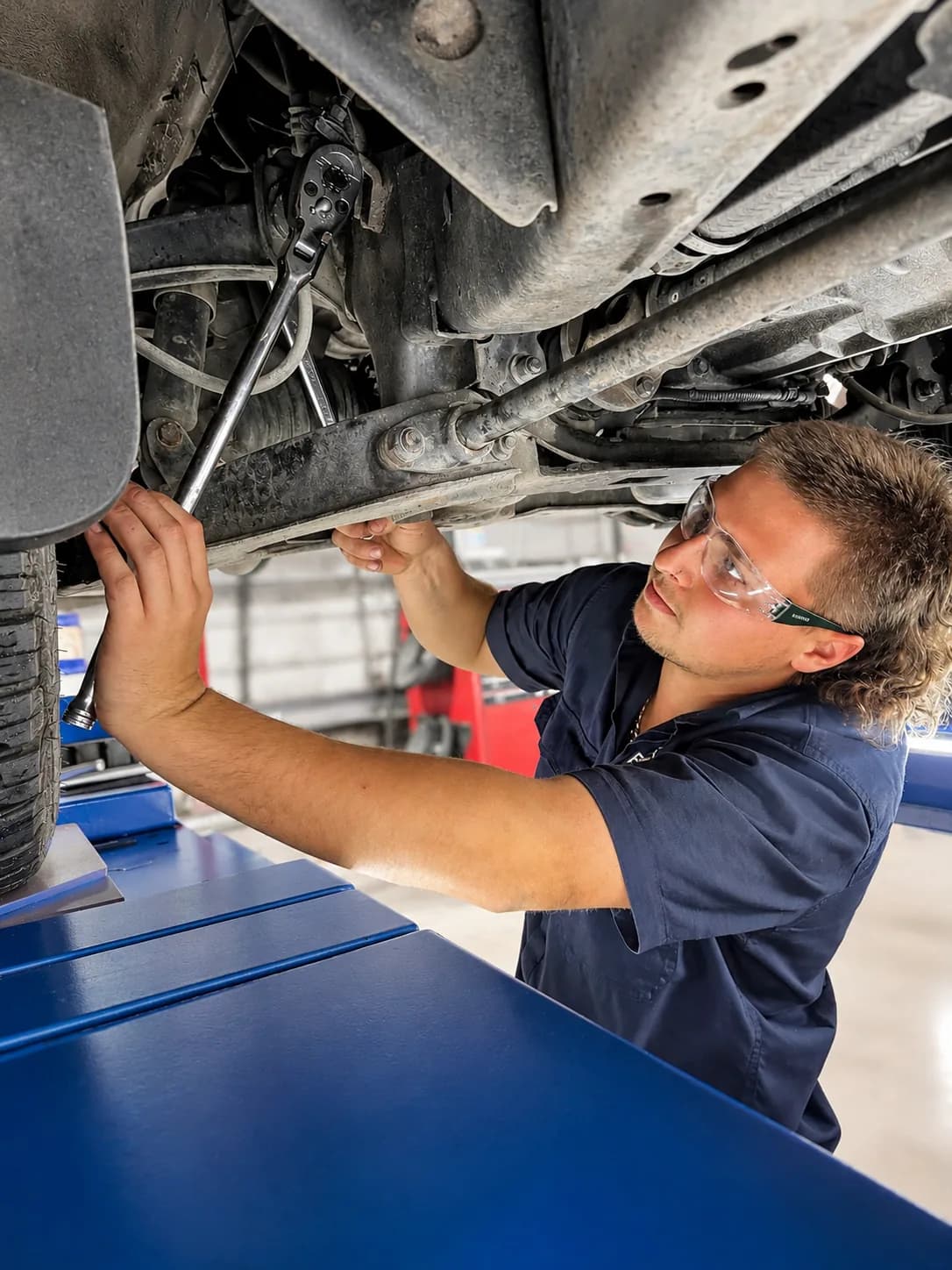 Landsborough Tyres mechanic checking steering and suspension components on the hoist